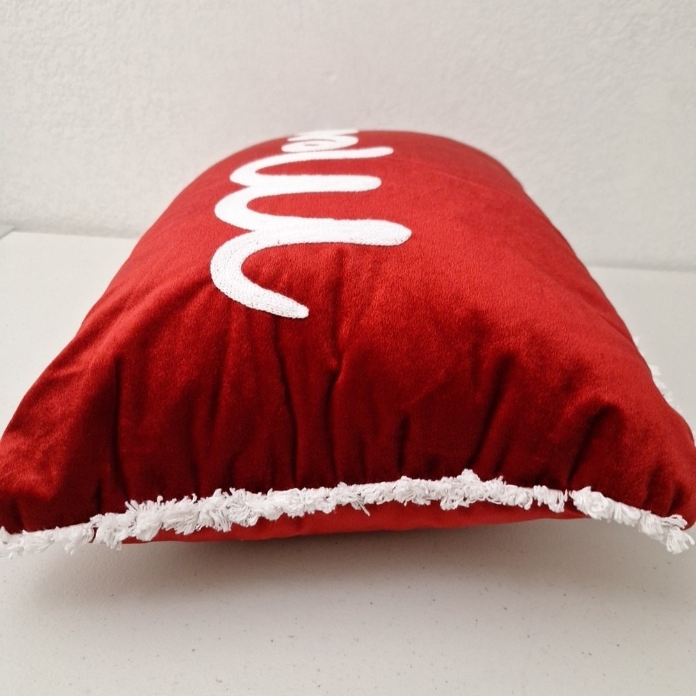 Silky Red Velvet Merry Christmas Pillow Stitched Script w/ Fringe 18" x 14" - Picture 9 of 11